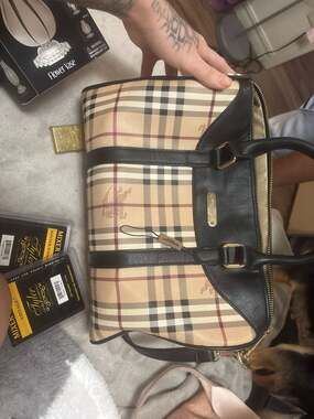 Burberry Haymarket Check Alchester Bowling Bag with Leather Trim